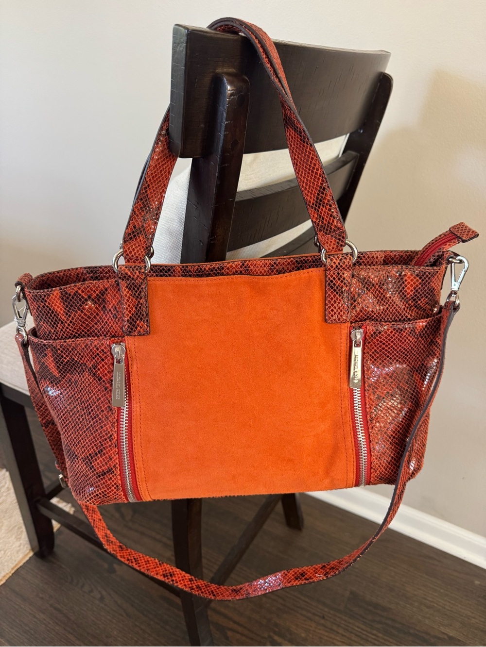 NWT Michael Kors Orange Suede Snake Print Tote Shoulder Bag Fall
